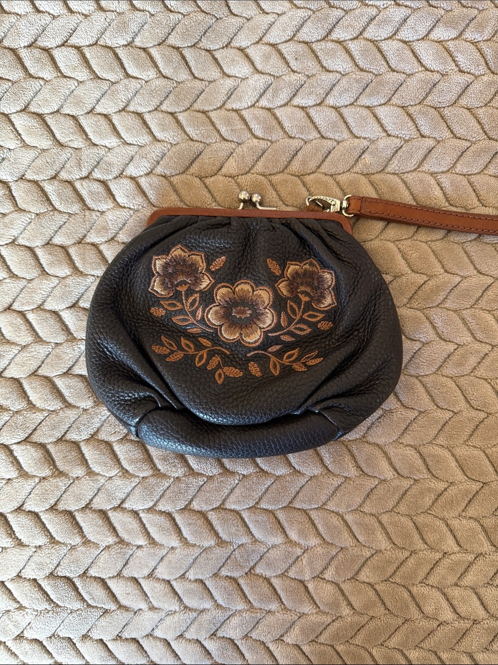 Brighton black Leather Wristlet Clutch with Embroidered Floral Detail